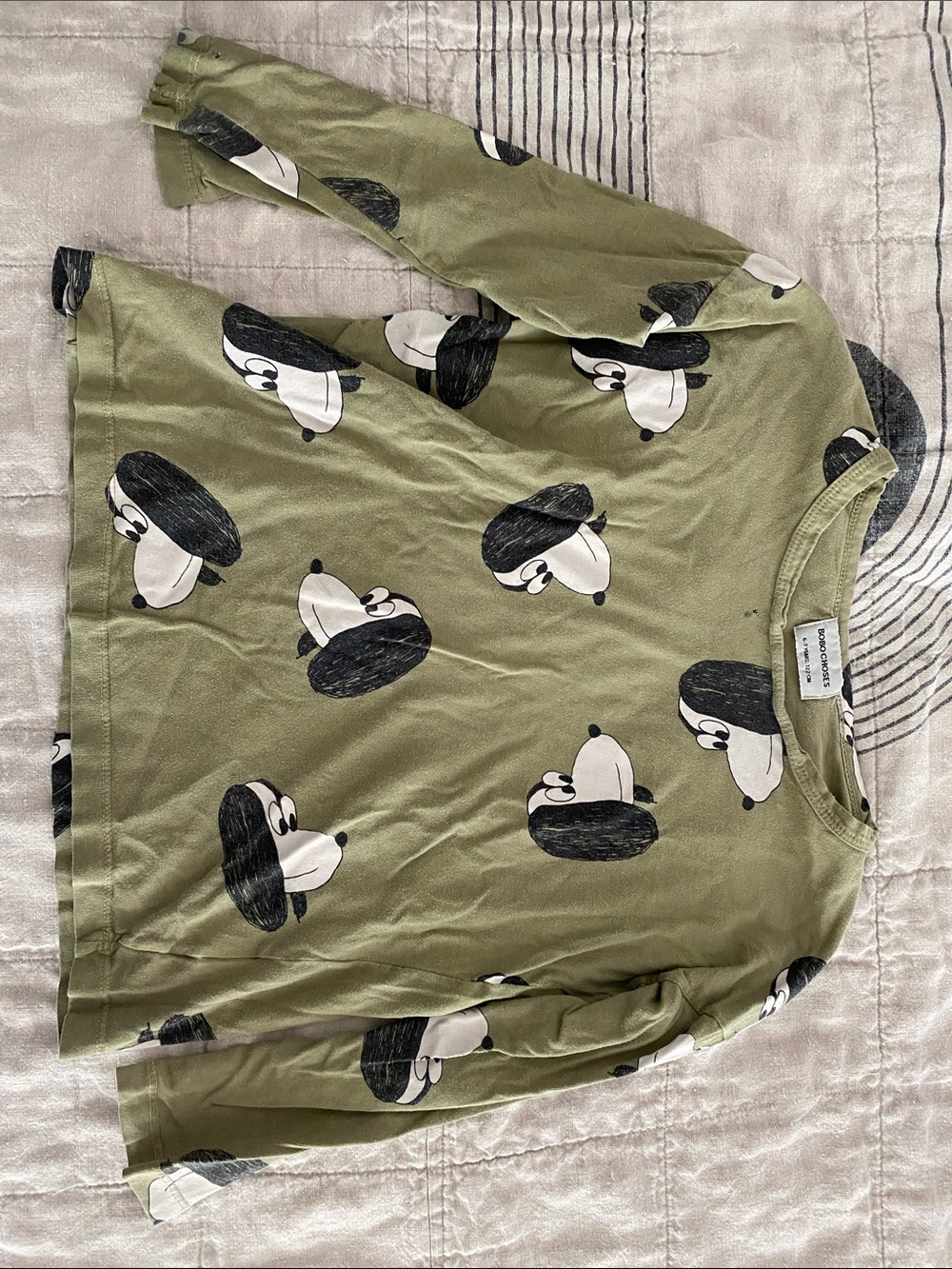 Bobo Choses Olive Green Long-Sleeve Tee with Black & White Dog Faces